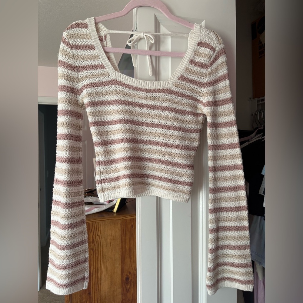 Hollister Pink and Cream Striped Knit Top